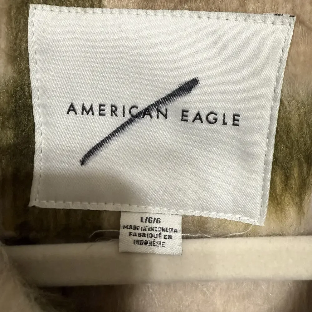 American Eagle Fuzzy Shacket Women’s L Ivory Plaid Heavy Wool Blend Oversized - Picture 8 of 12